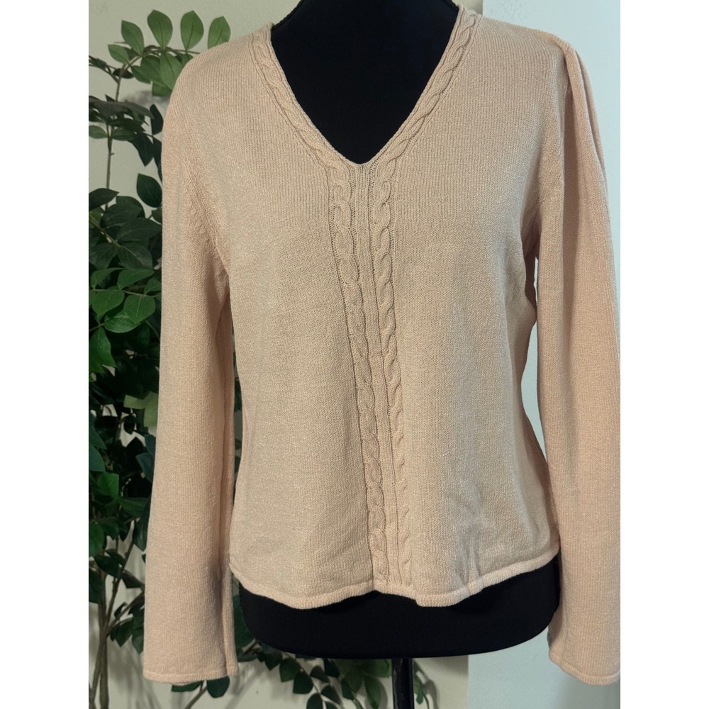 St. John Sport Pink V-Neck Cable Knit wool Blend lPleated Shoulder Sweater M